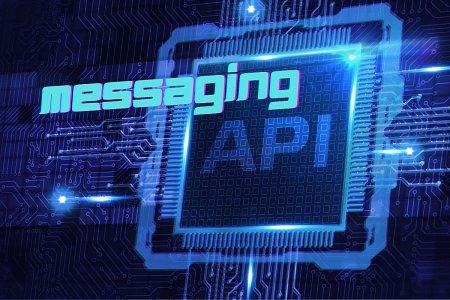 Futuristic messaging API concept with glowing microchip and digital circuit board background